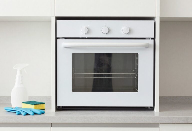 Clean oven with baking soda paste on glass door and cleaning supplies nearby