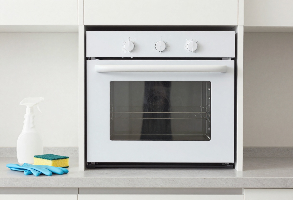 Clean oven with baking soda paste on glass door and cleaning supplies nearby