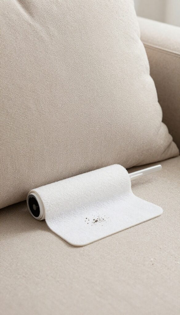 Using a lint roller to remove pet hair and dust from a microfiber couch cushion