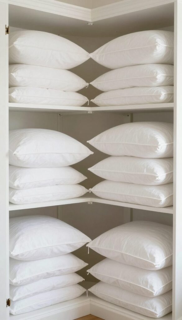 Neatly stored pillows in breathable cotton bags in a linen closet