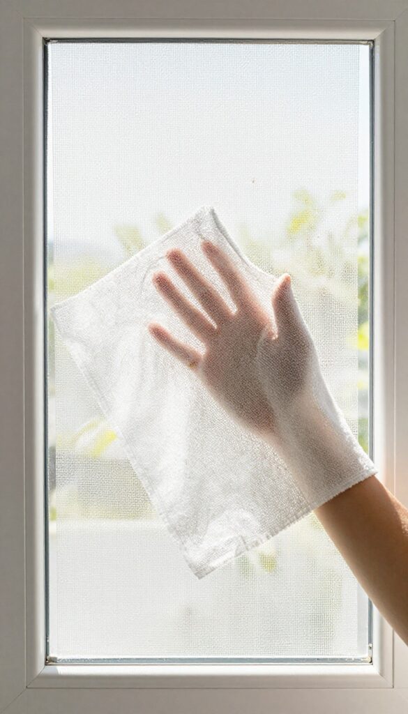 Close-up of a dryer sheet wiping pollen off a window screen in bright natural light.