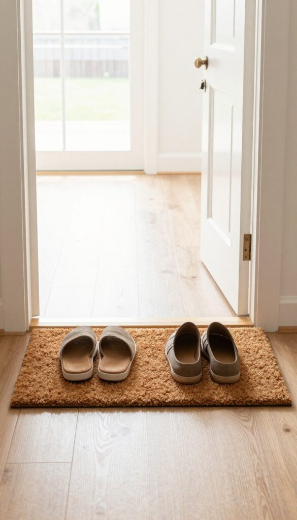 Entryway with laminate flooring, a coir outdoor mat and a soft indoor mat, shoes on the mat, bright natural light