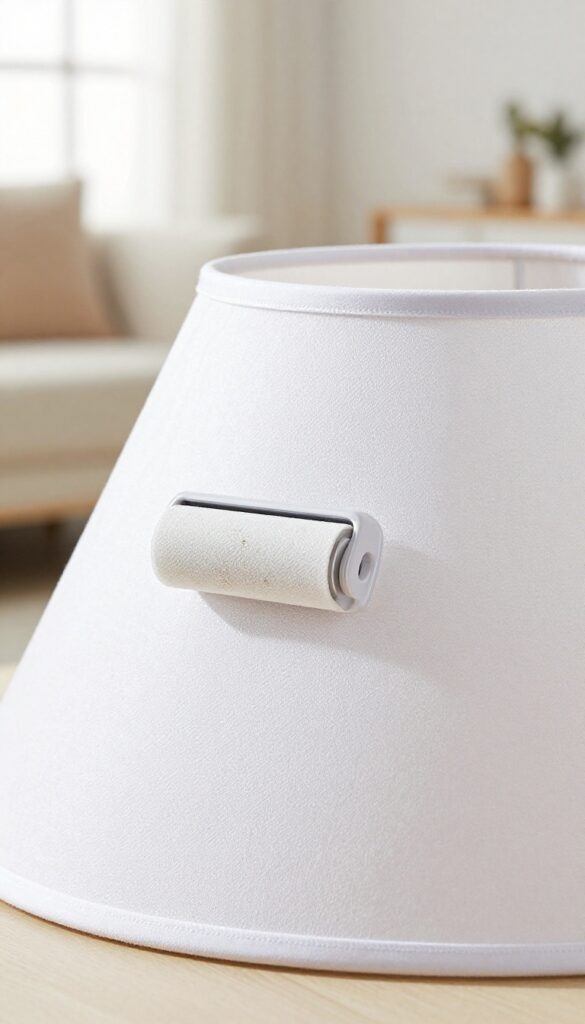 Using a lint roller to clean a fabric lampshade, with dust being picked up, in a bright, cozy room.
