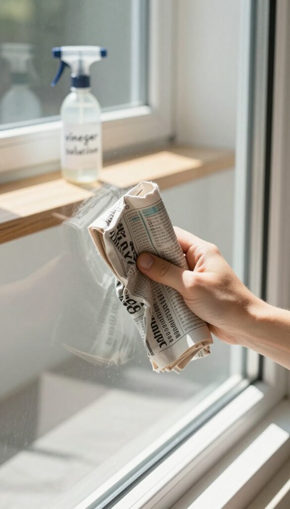 Person cleaning a glass window with crumpled newspaper and vinegar solution