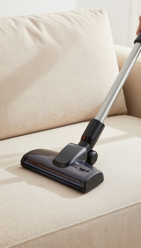Vacuuming a fabric couch with an upholstery attachment to prevent stains