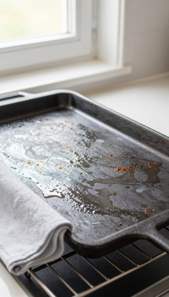 Seasoning a cast iron stove grate in the oven with oil and a cloth, showing patchy worn surface and natural light.