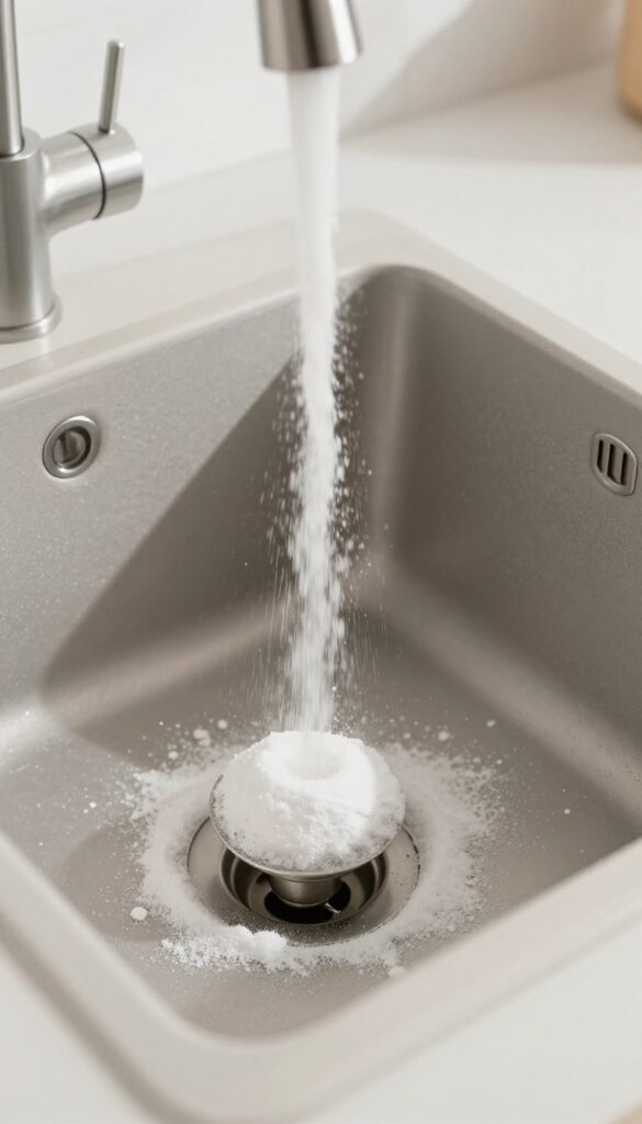 Baking soda being poured into a kitchen sink drain