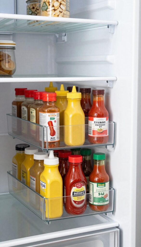 Open refrigerator with a lazy Susan holding condiment bottles on a shelf