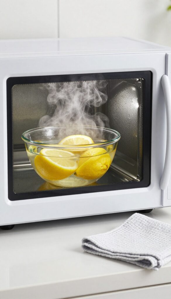 Steam cleaning a microwave with lemon water to remove grime and odors