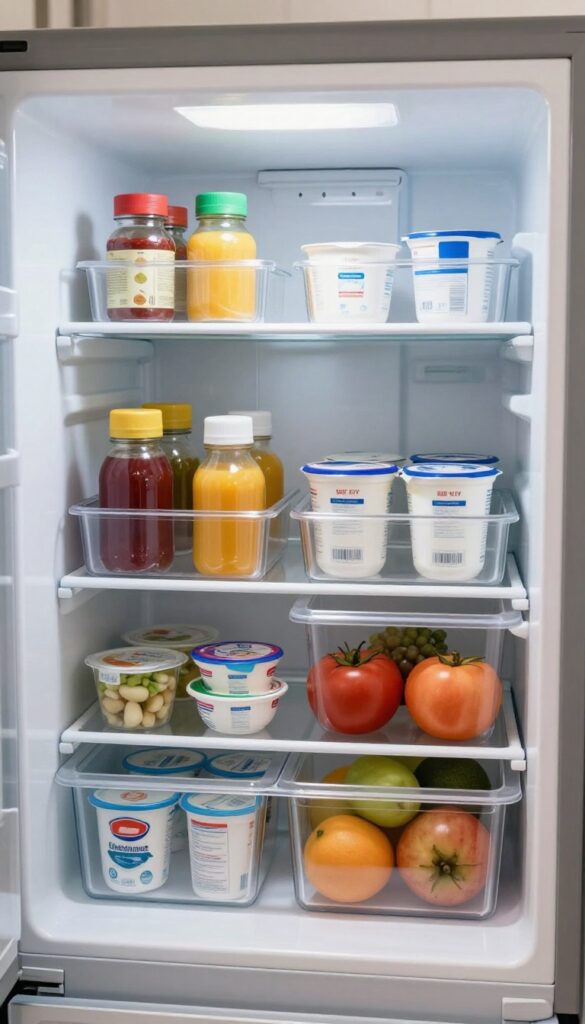 Organized small refrigerator with clear bins grouping condiments, dairy, and produce, labeled for easy access.