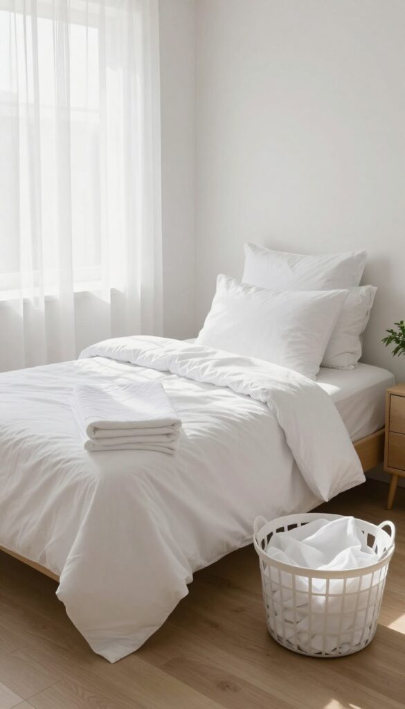 A bright bedroom with a neatly made bed, white linens, a mattress protector, and a laundry basket, emphasizing weekly bedding washing for mattress care.