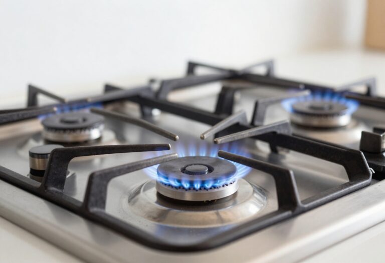 Clean gas stove with blue flames and shiny grates