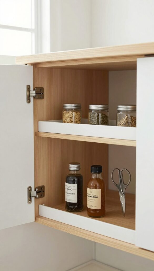 Open shelf pantry with magnetic strip under shelf holding metal spice tins and tools
