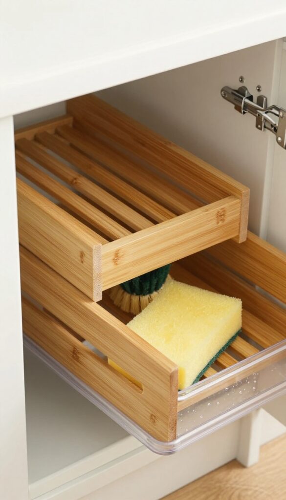 Under-sink pull-out drawer with bamboo slatted drying rack and drip tray, holding a wet sponge and brush.
