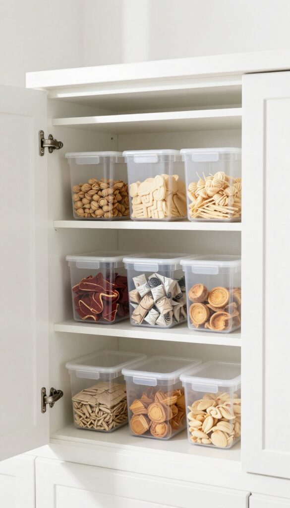 Open kitchen cabinet with clear bins organizing snacks and baking supplies, bright natural light, clean and tidy storage inspiration.