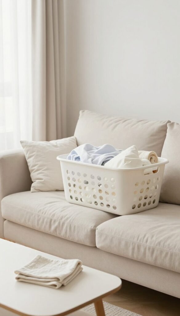 Living room with laundry basket of clutter and clean surfaces, pre-guest rush cleaning setup