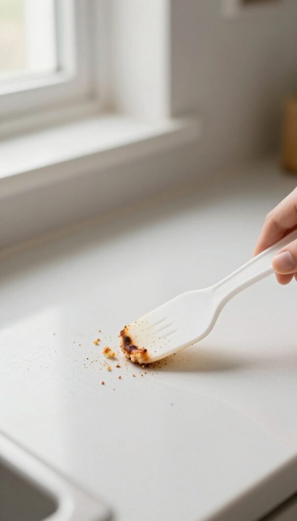 Hand using a plastic scraper to remove charred crumbs from the bottom of a clean oven
