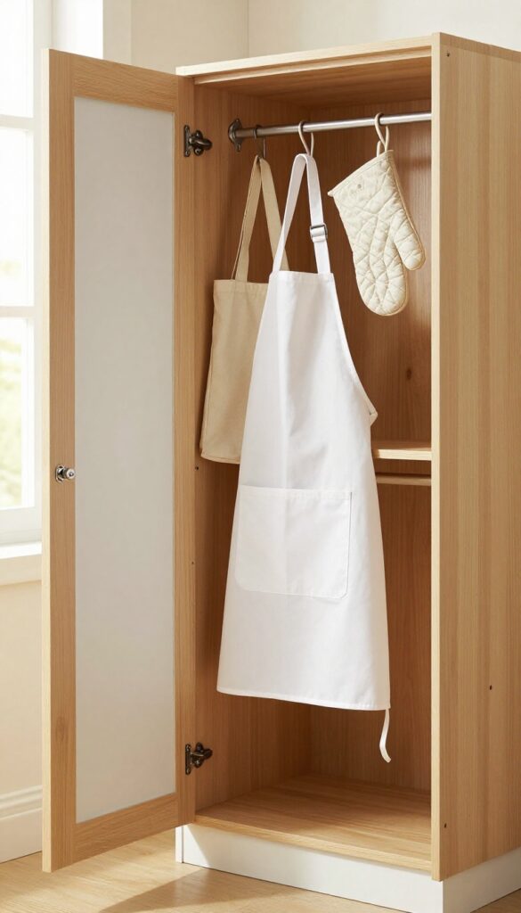 Small pantry cabinet with tension rod holding apron, tote bag, and oven mitts