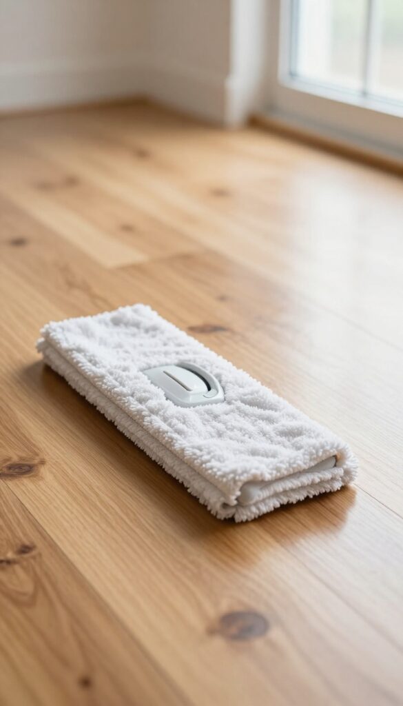 Microfiber mop dusting a shiny hardwood floor in a bright room