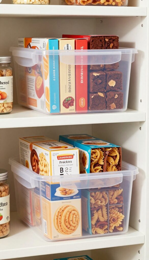 Organized clear bin with boxed baking mixes and boxed dinners stacked upright in a pantry