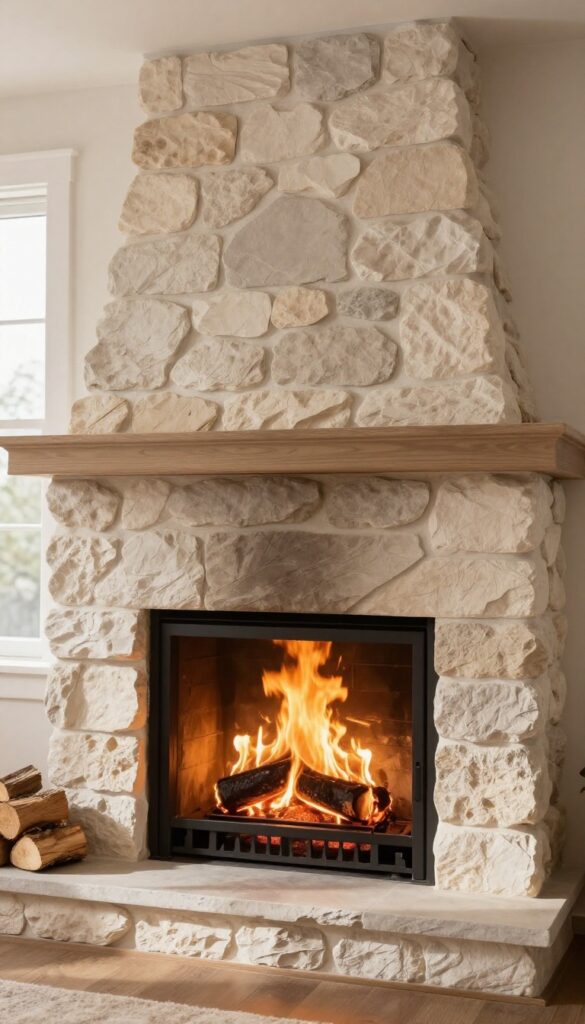 Open damper above a bright fire in a stone fireplace, natural light, clean hearth