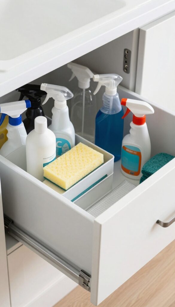 DIY pull-out drawer from repurposed dresser drawer under kitchen sink
