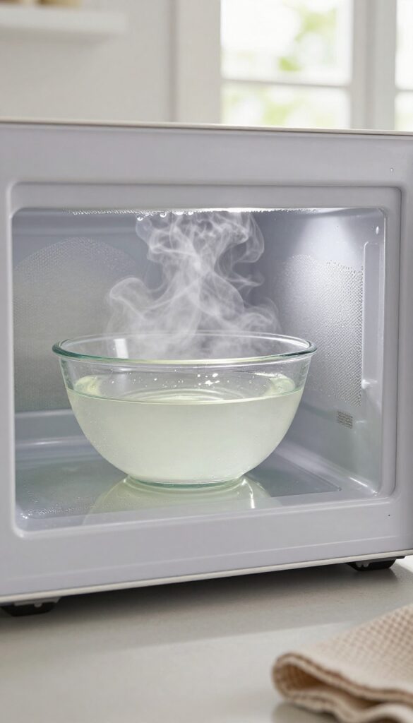 Steam cleaning a microwave with vinegar and water in a bright kitchen