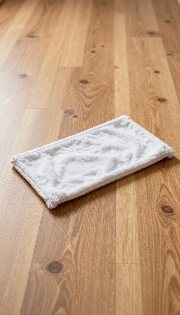 Close-up of a clean hardwood floor with a microfiber mop, natural light, no text