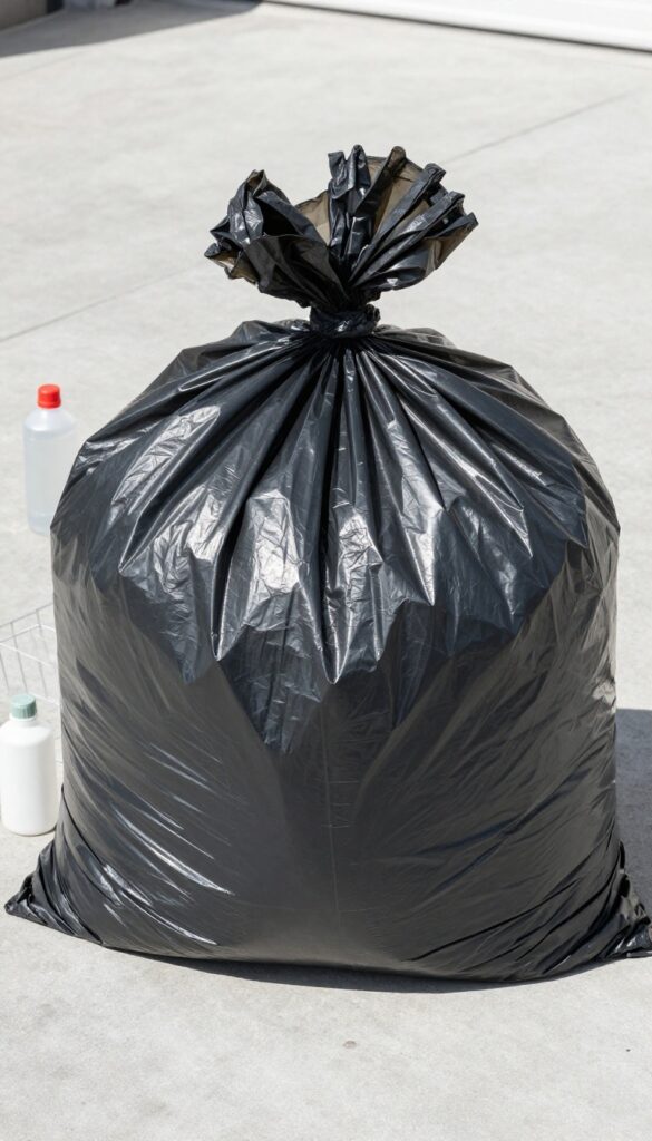 Ammonia bag method for cleaning oven racks: garbage bag with racks inside, ammonia bottle and gloves beside it on garage floor.