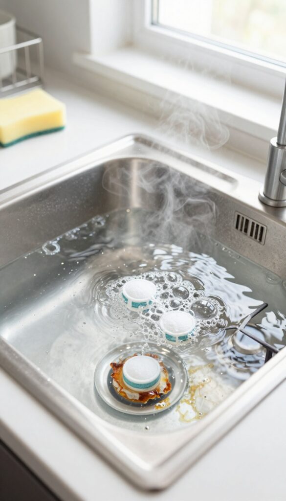 Gas stove grates soaking in hot water with dishwasher tablets in a kitchen sink