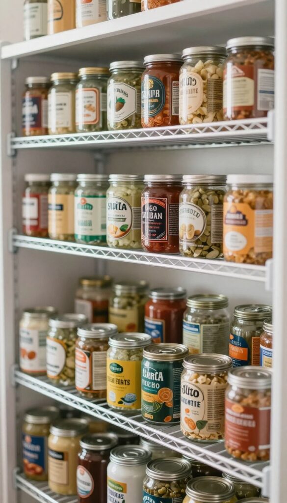 Tiered shelf risers organizing cans and jars in a pantry