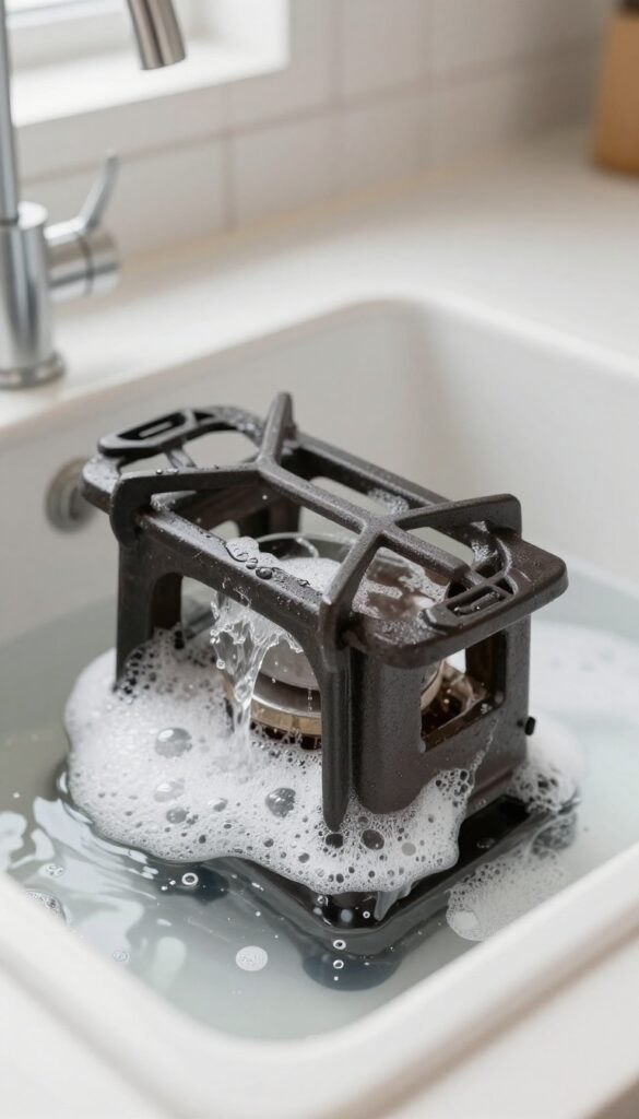 Cast iron stove grate soaking in hot, soapy water in a kitchen sink with natural light