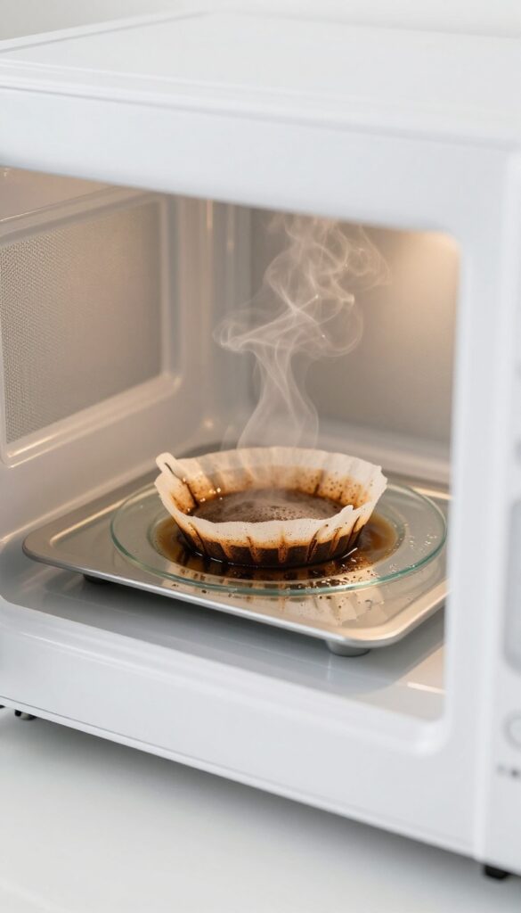 Damp coffee filter inside a clean microwave to absorb odors