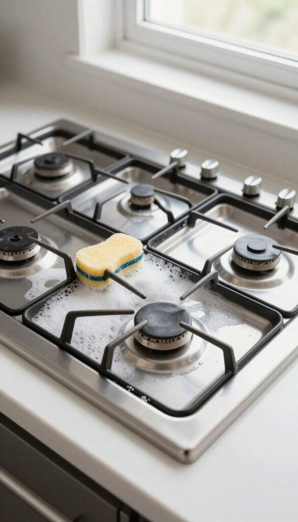 Monthly deep clean of a gas stove with parts soaking in soapy water and a clean stovetop.