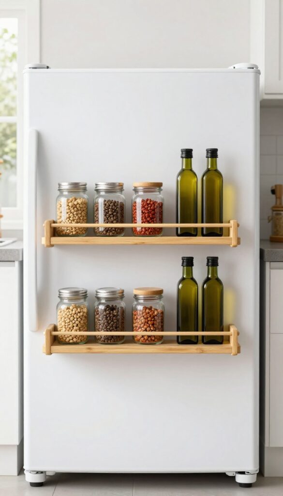 Tiered shelf on top of fridge holding spices and oils, organized kitchen decor