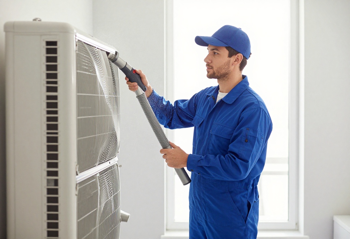 HVAC technician cleaning air duct with vacuum hose in a home
