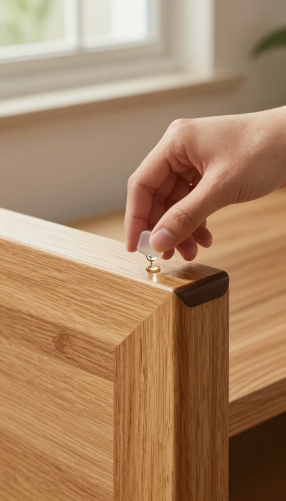 Testing a hardwood floor cleaner in an inconspicuous spot under a piece of furniture