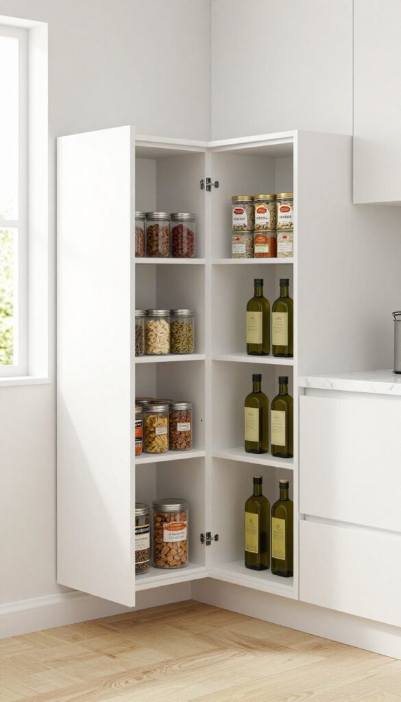 Open corner cabinet with swing-out shelves displaying organized spices and canned goods in a bright kitchen.