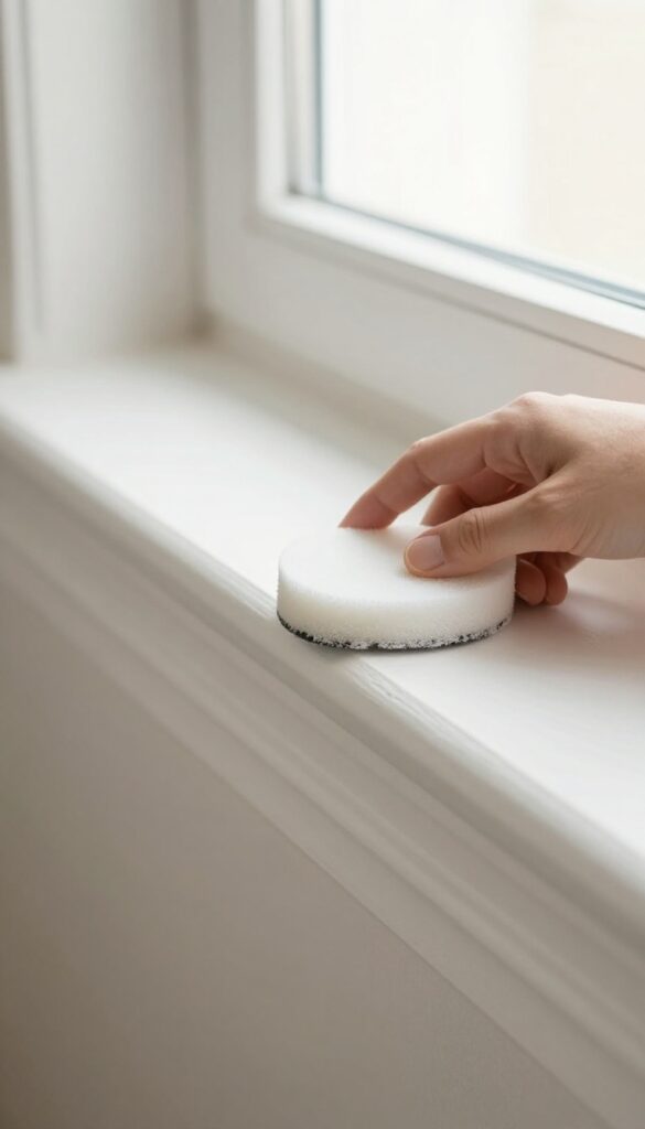 Hand using a melamine sponge to clean a scuff mark on a white baseboard