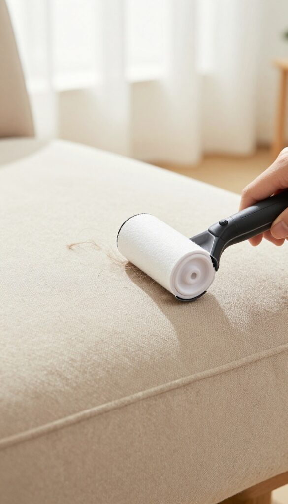Lint roller removing pet hair from a microfiber couch cushion.