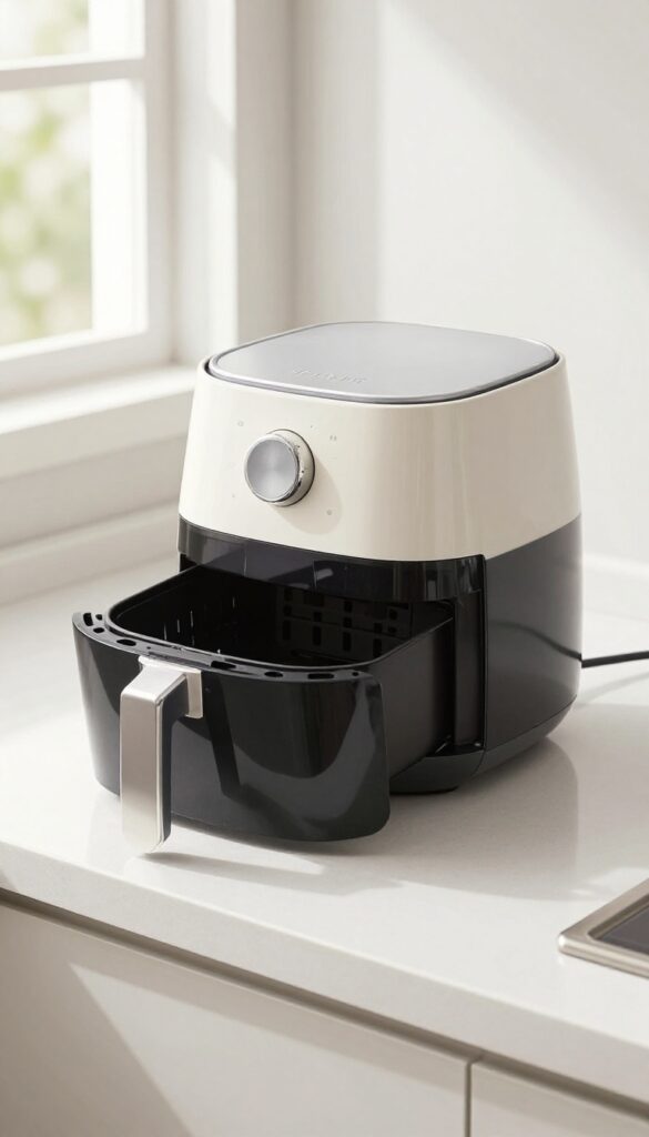 Unplugged air fryer cooling on a kitchen counter with natural light