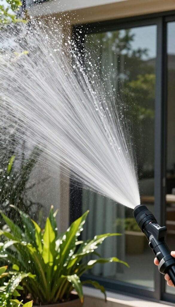 Pressure washer cleaning exterior window with wide fan spray
