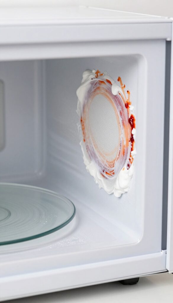 Baking soda paste applied to stubborn stain inside microwave