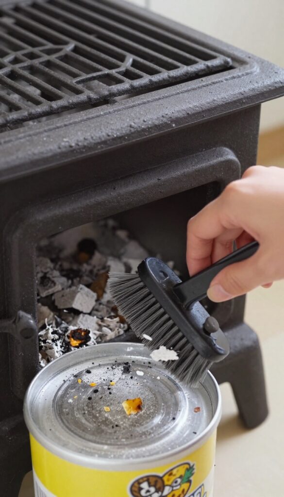 Person brushing loose debris from a cast iron stove grate over a trash can.