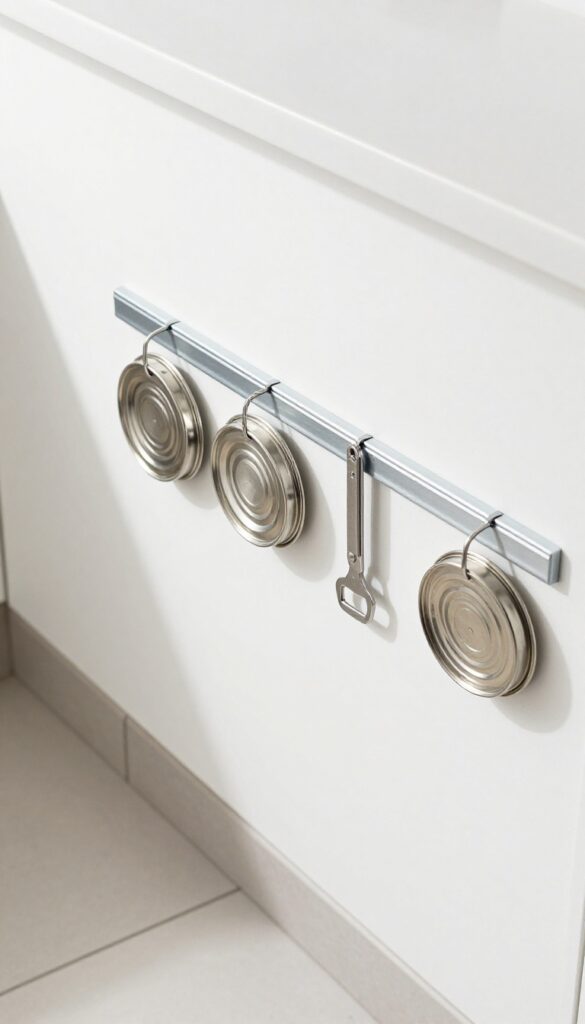 Magnetic strip on pantry wall holding metal lids and tools near the floor