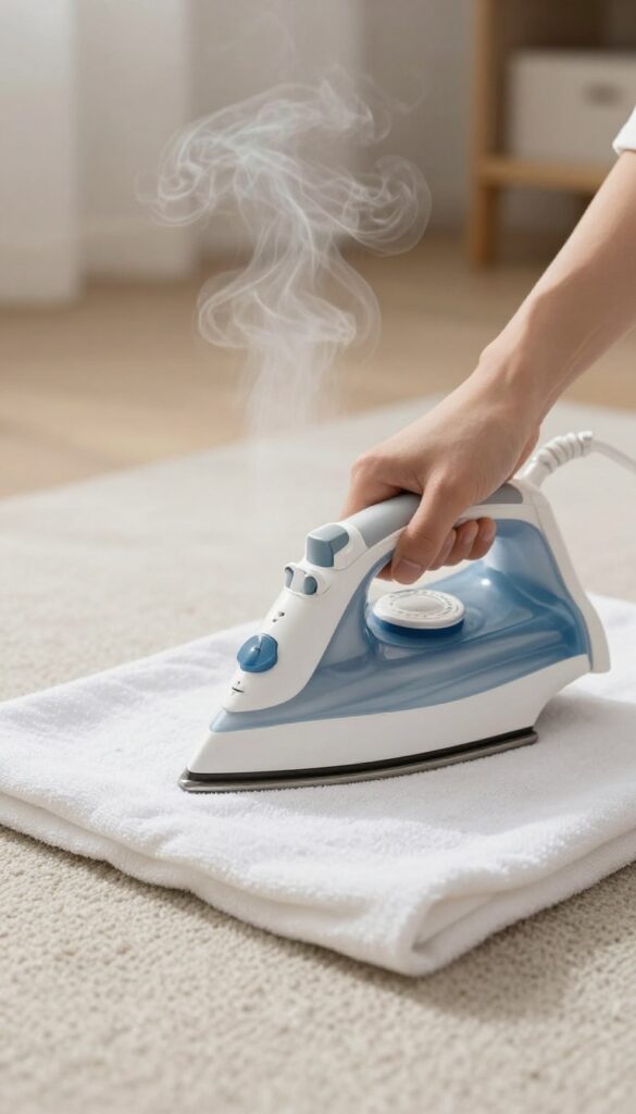 Person steam cleaning carpet with a clothes iron and damp cloth