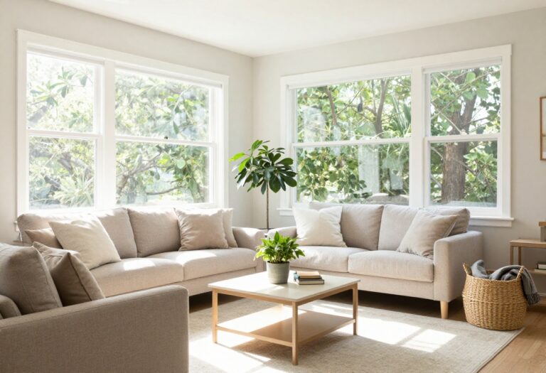 A tidy living room with a sofa, coffee table, and plant, bathed in natural light.
