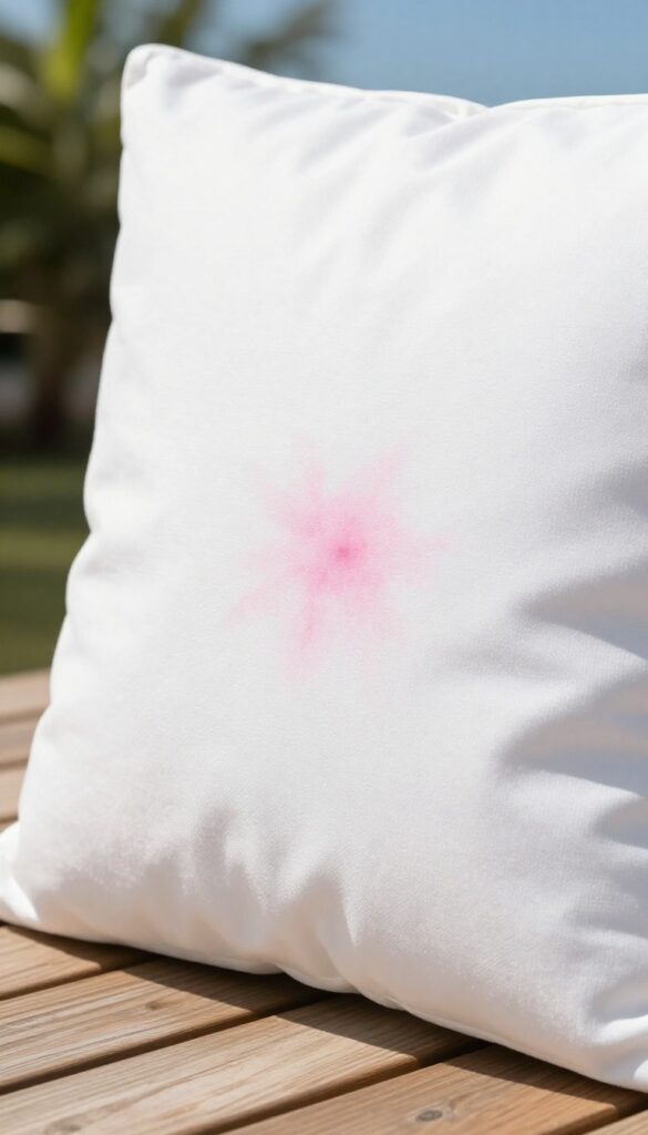 Couch cushion on deck in sunlight with fading stain
