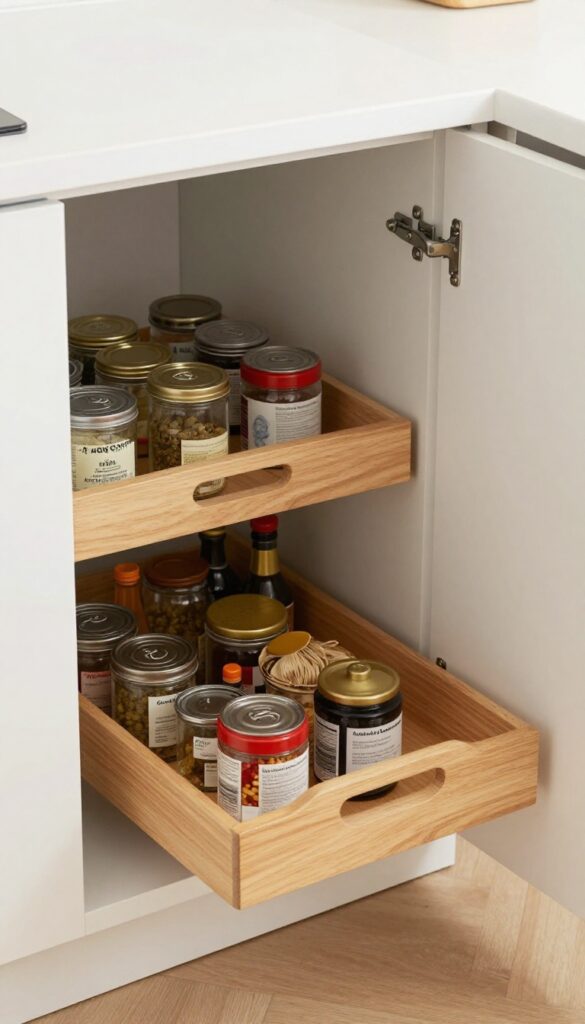 Open corner cabinet with a lazy Susan tray holding neatly organized canned goods and spice jars