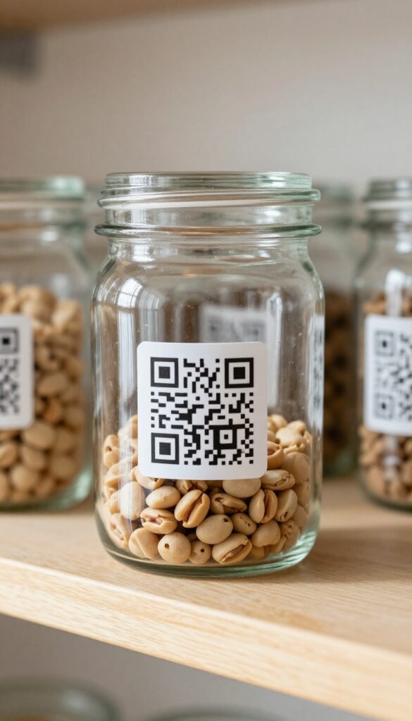 Glass jar with QR code label on pantry shelf